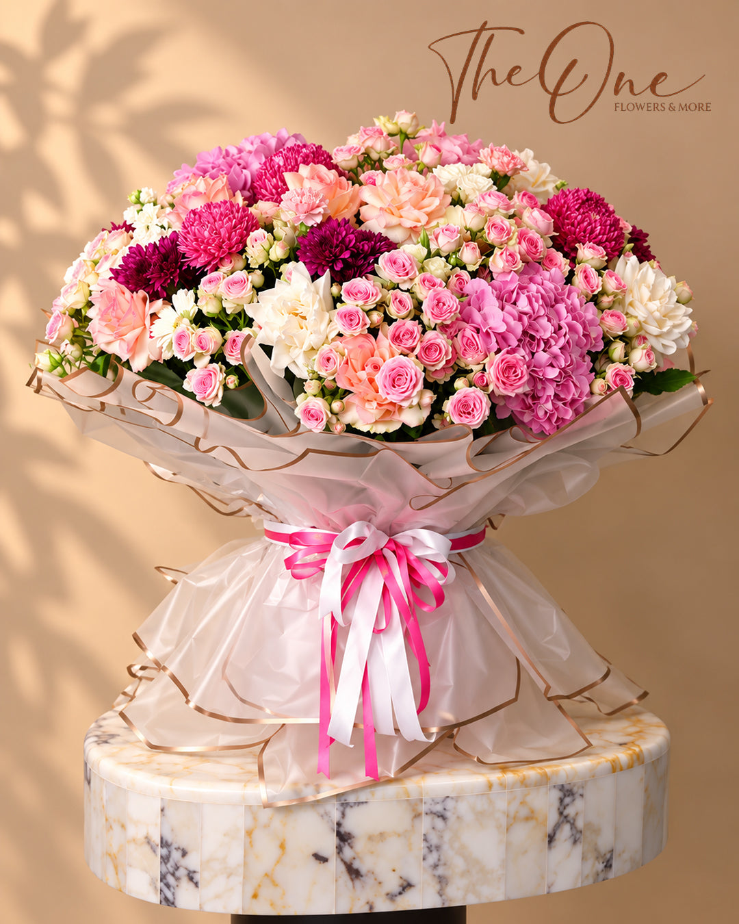 Luxury pink green and white flower arrangement with hydrangeas, roses and chrysanthemums by The One Flowers UAE