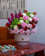 Luxury pink green and white flower arrangement with hydrangeas, roses and chrysanthemums by The One Flowers UAE
