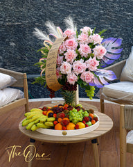 Luxury Eid Al Adha flower and fruit arrangement with white roses and fresh seasonal fruits by The One Flowers
