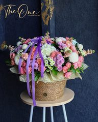 Luxury pink and lavender flower basket with roses, hydrangeas and chrysanthemums by The One Flowers UAE