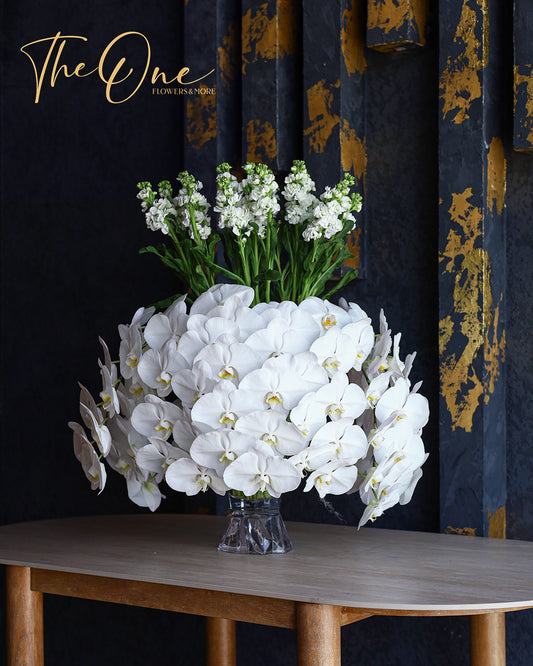 Luxury white Phalaenopsis orchid arrangement with white stock flowers in a glass vase by The One Flowers UAE